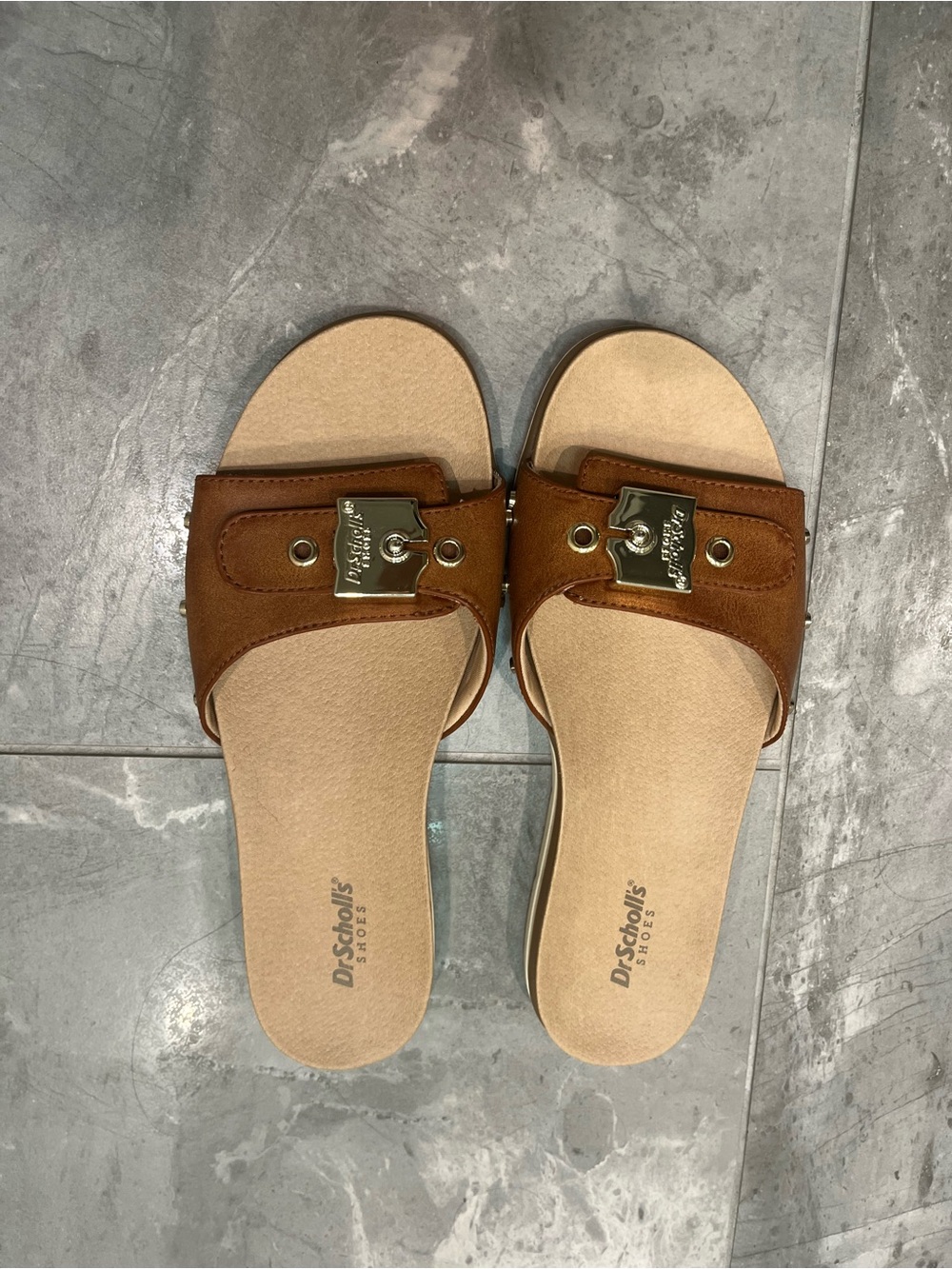 Dr. Scholl's Brown Slide Sandals with Gold Accent